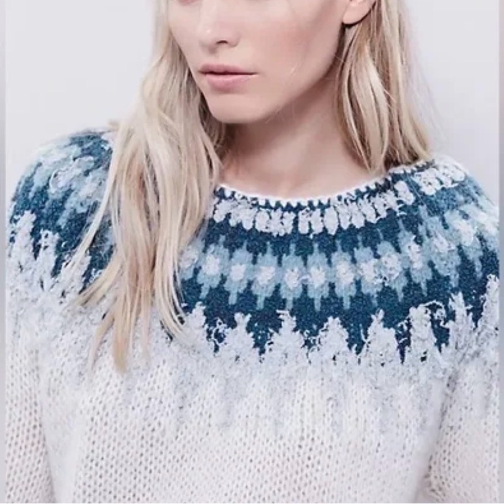 Free People Baltic Fairisle Women's Blue and Cream Wool Blend Sweater, Size M